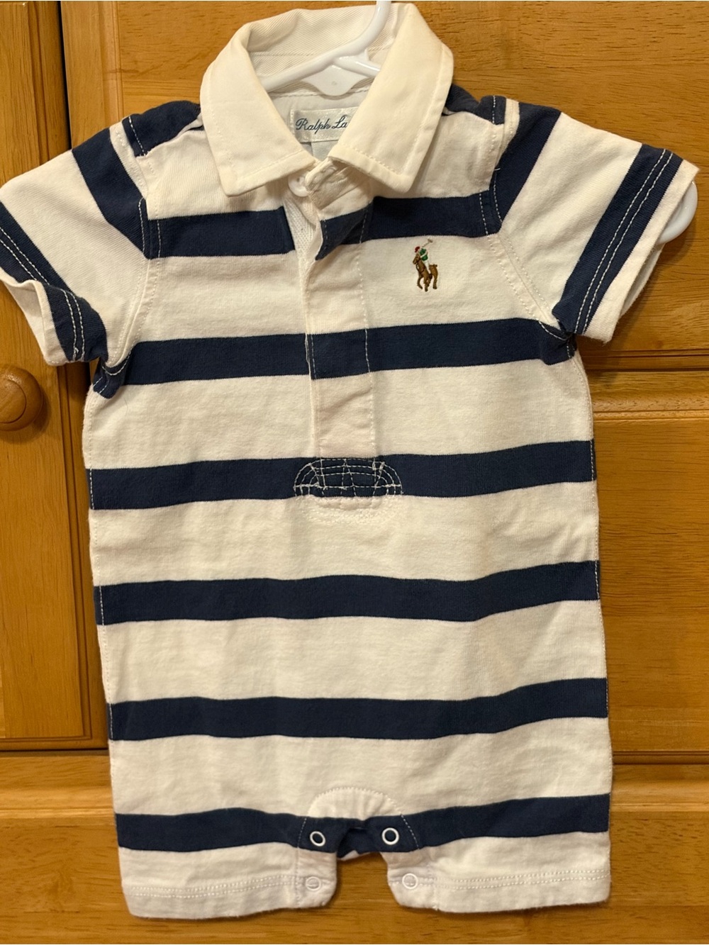Ralph Lauren Boy's Blue and White Striped Rugby Style Romper Size 3 Months